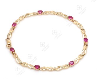 Natural Ruby Tennis Bracelet, Solid Gold Eternity Bracelet, July Birthstone, 14k or 18k, White Rose Yellow, Genuine Diamond and Ruby....