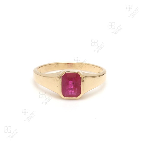 Ruby Signet Ring l 14kt Solid Yellow Gold Ring For Men, Simple Ruby Ring for men | Emerald Cut Promise Ring | July Birthstone Ring For Her