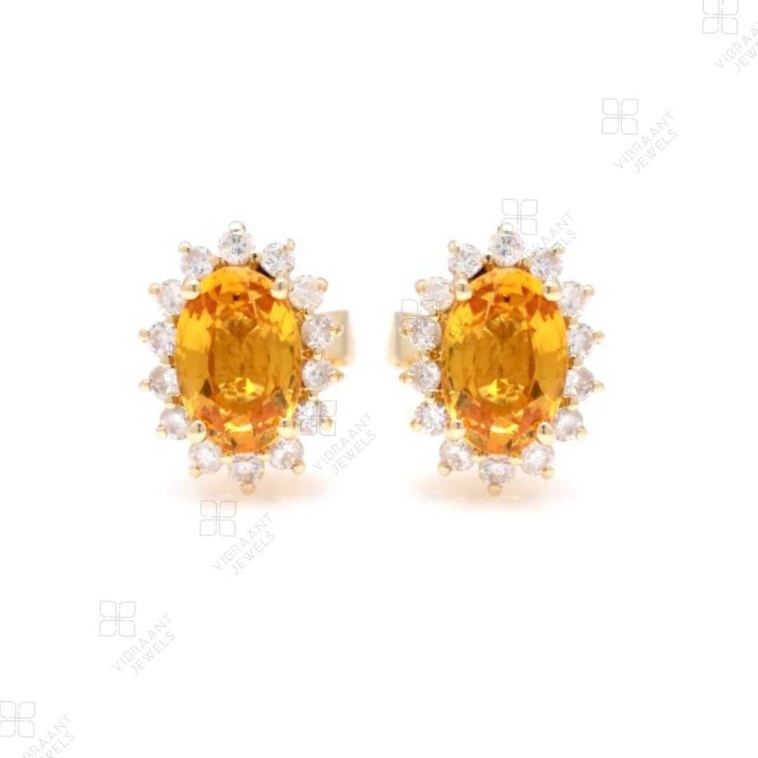 Sapphire Halo Stud Earrings, 1.15 Ctw Natural Yellow Sapphire Push Back Studs, 14k Solid Gold Dainty Diamond Earrings, Wadding Gift