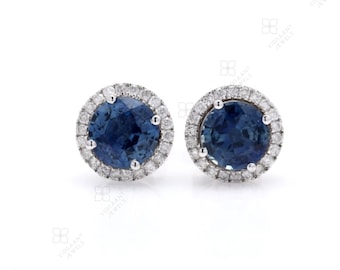 2 Carat Round Blue Sapphire Studs Earrings, 0.22Cts Diamond Studs, Unisex Sapphire Studs Earrings, 14k White Gold Sapphire Wedding Earrings