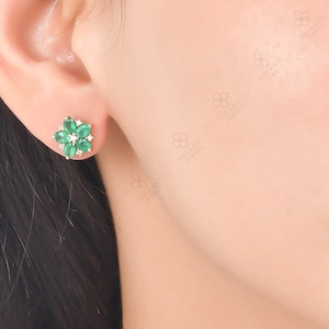 Genuine Emerald Earrings, 14k Solid Gold White Diamond Earrings, Flower Design Emerald Diamond Earrings, Wedding Earrings, Anniversary Gift