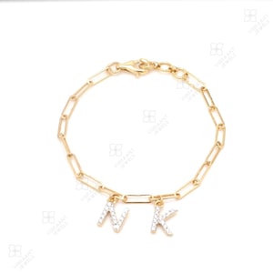 Diamond Pave Alphabet Bracelet paperclip chain Initial Bracelet 18K Gold Filled Diamond Letter Bracelet Personalized Letter Bracelet Gift
