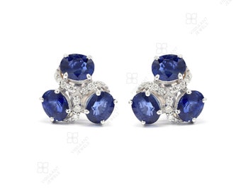 14k Solid White Gold Trio Blue Sapphire Cluster Stud Earrings 2.85 Carat Natural Blue Sapphire Oval Cut With White Diamond Handmade Studs