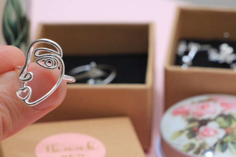 Adjustable Gift Boxed Picasso Face Gesicht 925 Sterling Silver Picasso Ring