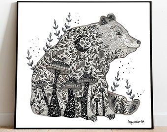 The Bear Who Ate The Forest - Art Print | Pen & Ink illustration, Canadian, Mushroom, Wildlife, Leaves, Folksy | A4 Christmas Gift