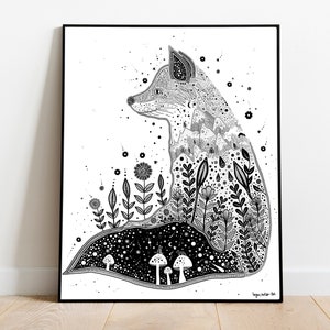 The Fox Amongst The Leaves, Art Print | Black and White Ink illustration, Painting, Wildlife, Woodland, Folk Art | A4 Christmas Gift