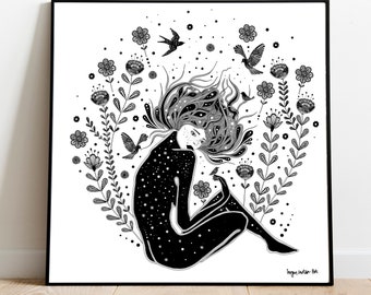 La fille assise parmi les fleurs et les oiseaux, impression d’art | Illustration à la plume et à l’encre, fantaisiste, féerique, art populaire | Cadeau de Noël A4