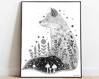 The Fox Amongst The Leaves, Art Print | Black and White Ink illustration, Painting, Wildlife, Woodland, Folk Art | A4 Christmas Gift