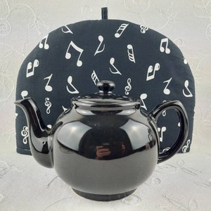 Tea Cosy For Teapot. One-off Large Black Tea Pot Cozy With Musical Notes Print, Purple Cotton Lining. Nice Father's Day Gift For Musician