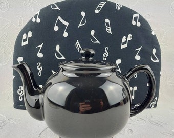 Tea Cosy For Teapot. One-off Large Black Tea Pot Cozy With Musical Notes Print, Purple Cotton Lining. Nice Father's Day Gift For Musician