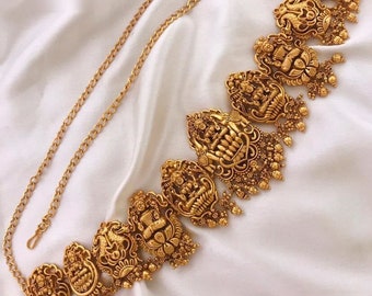 Ceinture Laxmi dorée, ceinture en or 14 carats, kamarband, ceinture de mariée, bijoux indiens, ceinture de mariée, chaîne de hanche, ceintures, un gramme d'or, cadeaux, accessoire