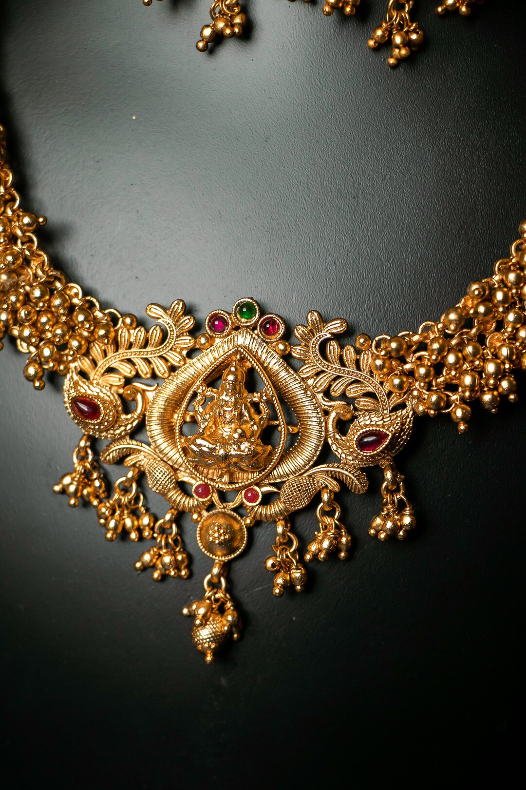Set Gioielli Collana Laxmi Temple Mala &ndash; Donna, Placcato Oro, Fatto In India, Regalo