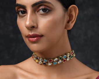 Gold Plated Kundan Choker Necklace: Multicolor Navratna Indian Jewelry