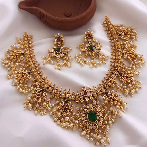 Guttapusalu Necklace,Temple Jewelry, Indian Jewelry Set,One Gram Gold, Matt gold necklace,Bridal jewelry,Wedding jewellery, gifts, bridal