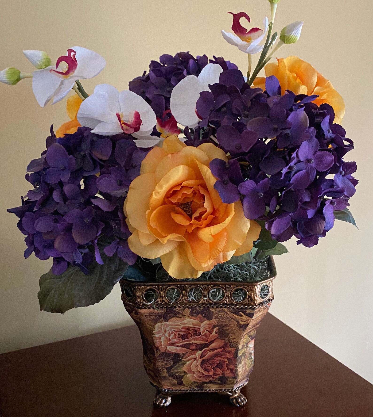 A silk flower arrangement in gemstone colors Purple and Gold. | Etsy