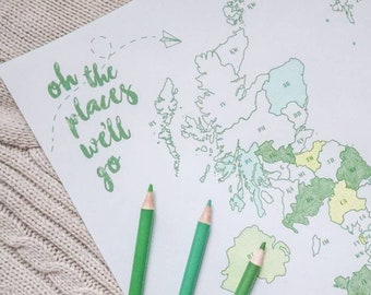 Oh The Places We'll Go UK Postcode Map - Digital Printable PDF Small Business Travel Holiday Sales Postage Tracker Etsy Colour Fill In