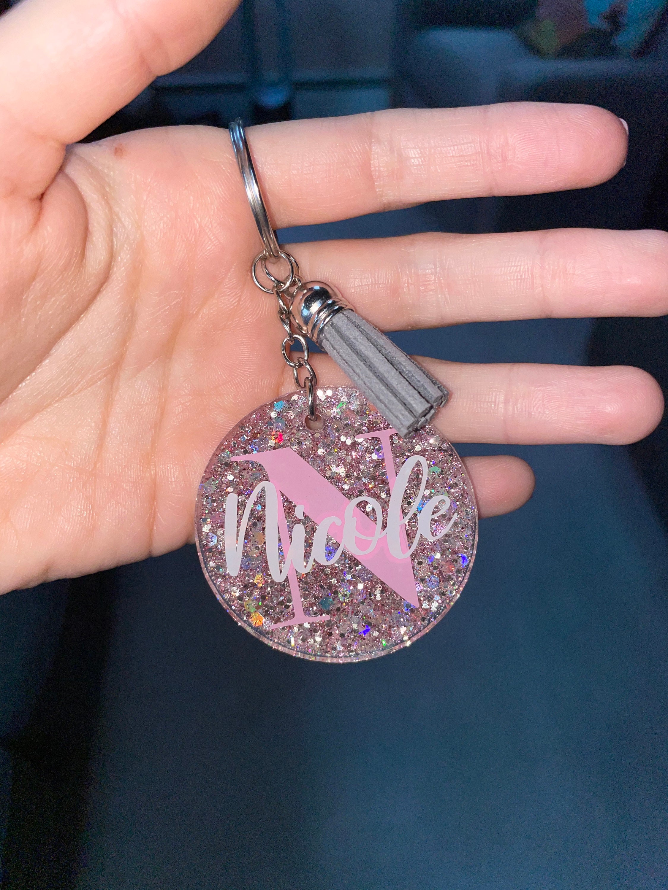Personalized Glitter Round Keychain with Tassel 2 Etsy