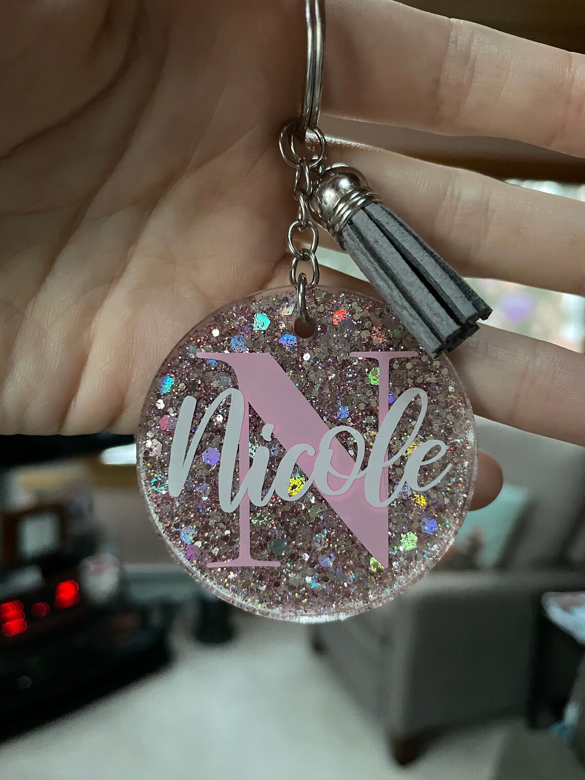 Personalized Glitter Round Keychain with Tassel 2 Etsy