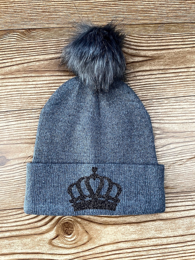 Women/'s Winter Hats Winter Hats for Women and Children Gray Knit Hat Beanie with Black Glitter Crown and Pom Pom Black Crown Beanie