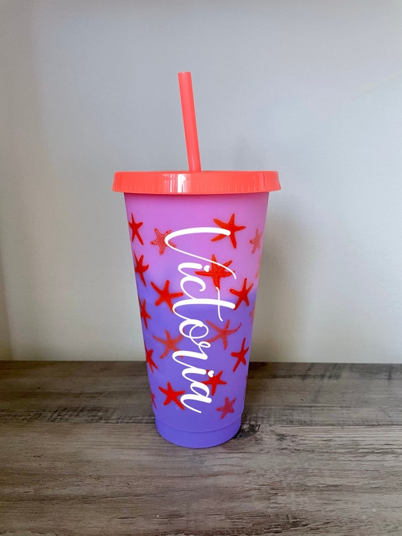 Personalized Pink and Purple Color Changing Cup With Straw