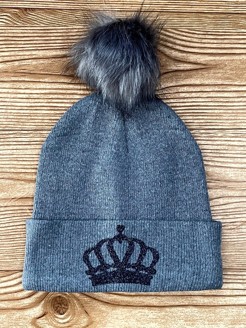 Women/'s Winter Hats Winter Hats for Women and Children Gray Knit Hat Beanie with Black Glitter Crown and Pom Pom Black Crown Beanie
