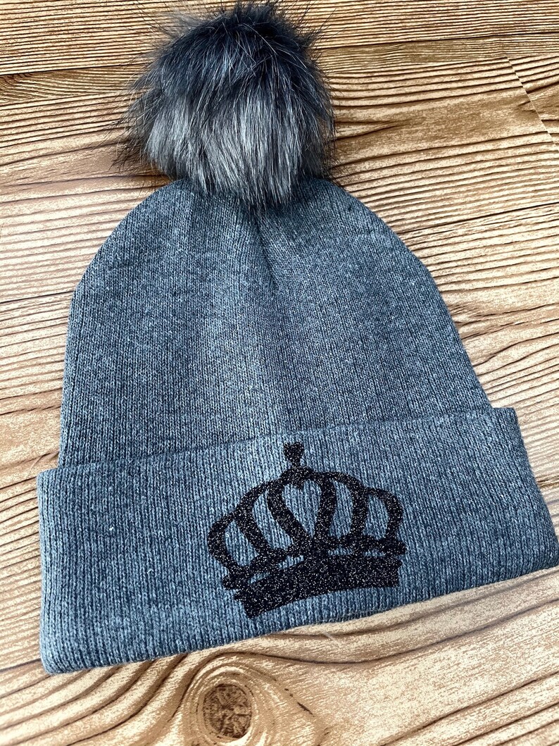 Women/'s Winter Hats Winter Hats for Women and Children Gray Knit Hat Beanie with Black Glitter Crown and Pom Pom Black Crown Beanie