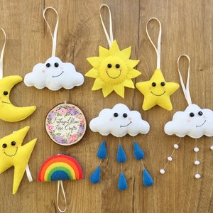 Handmade Felt Weather Hanging Decorations - Lightening, Smiling Sun, Cheeky Clouds, Moon, Star, Rainbow | Gift | Present | Children’s Decor.