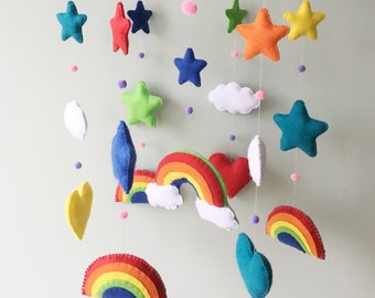 Nursery Mobile Decor | Handmade Felt Bright | Pastel Colours Rainbow | Stars, Hearts, Clouds, Rainbows | Baby’s Room Decor | Gift | Present.