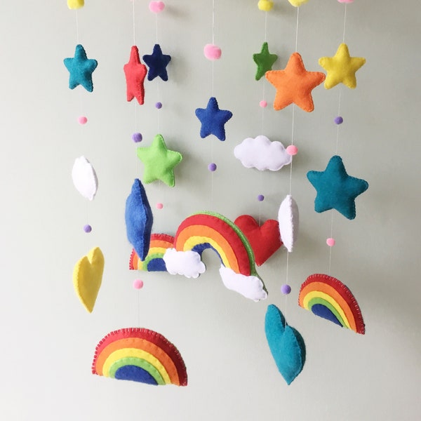 Nursery Mobile Decor | Handmade Felt Bright | Pastel Colours Rainbow | Stars, Hearts, Clouds, Rainbows | Baby’s Room Decor | Gift | Present.