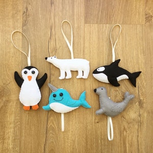 Artic Sea Animals | Felt Hanging Decorations -  Polar Bear, Narwhal, Seal, Orca & Penguin | Nursery Decor | Children’s Room Decor | Gift.