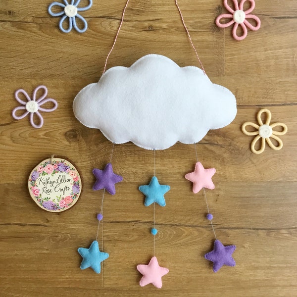 Large Cloud and Stars | Raindrops Wall Hanging Mobile | Nursery Decor | Children’s Room Decor | Gift | Present | Newborn Baby Present.