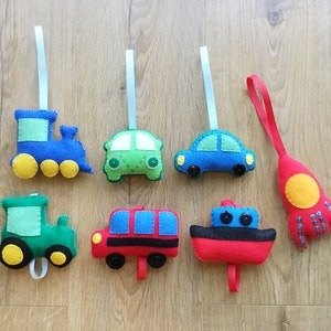 Handmade Transport | Vehicle Hanging Decorations - Car, Train, Camper van, Rocket, Tractor, Boat, School Bus | Nursery Decor | Gift.