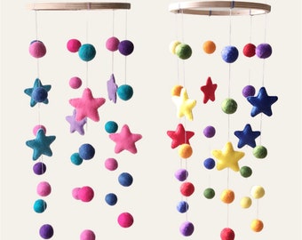 Spinning Nursery Mobile | Rainbow | Pastel Colours | Stars & Wool Balls | Nursery Decor | Gift | Present | Colourful.