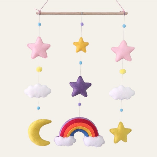 Wall Hanging for Nursery | Handmade Felt Mobile | Children’s Room | Rainbow, Clouds, Moon and Stars | Nursery Decor | Baby’s Room | Gift.