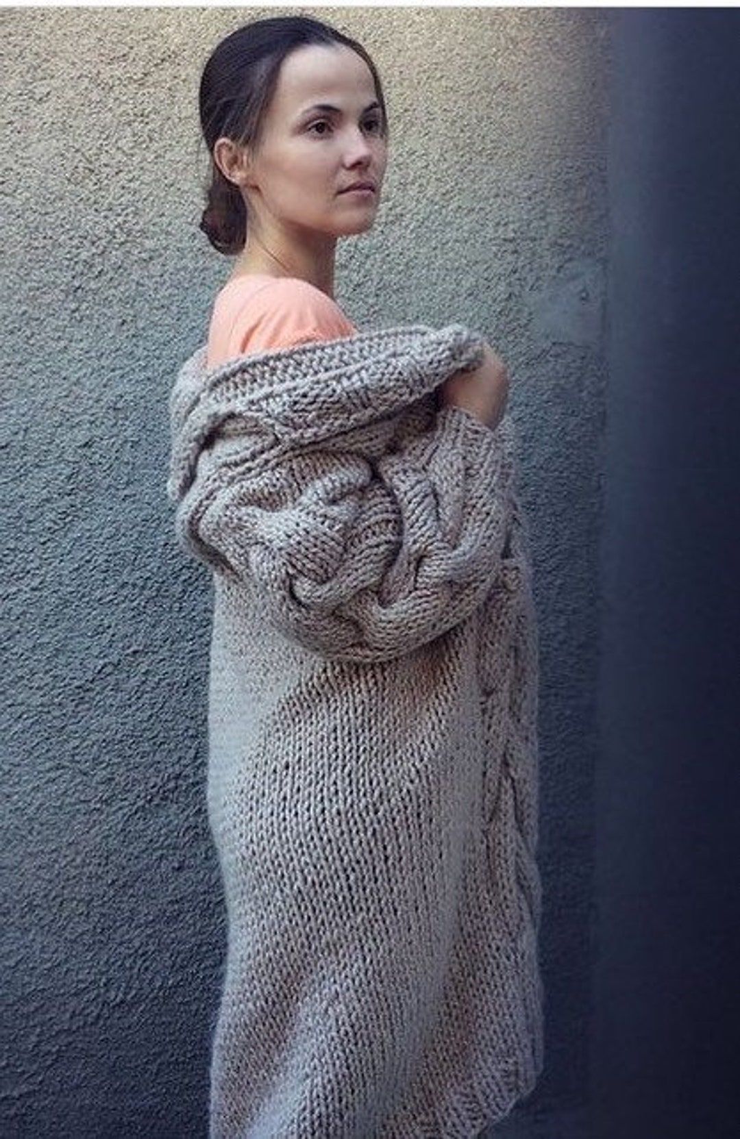 Трикотажное пальто из густой шерсти с узором из косы, кардиган толстой ...