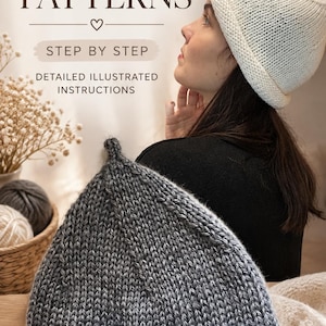 May include: A PDF knitting pattern document featuring text that reads PDF KNITTING PATTERNS, STEP BY STEP, DETAILED ILLUSTRATED INSTRUCTIONS, and BY Helen Kotsur. The image displays a grey knitted hat with a pointed top and a folded brim.