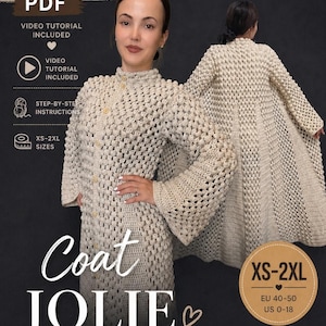 Patrón de cárdigan vintage, patrón de abrigo elegante, abrigo bohemio extragrande, tutorial de ganchillo fácil, abrigo de ganchillo estilo Jolie, patrón de abrigo para mujer