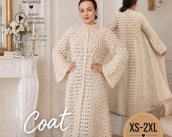 Gehäkelte Vintage-Strickjacke, gehäkelter Mantel „Maria“, Boho-Oversize-Mantel, einfache Häkelanleitung, gehäkelter Mantel im Jolie-Stil, Damenmantel-Schnittmuster