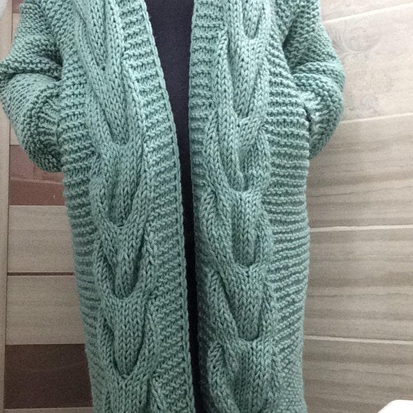 handmade thick yarn jacket knitted pigtails warm long sleeve wool cardigan wide sleeves long coat with pockets