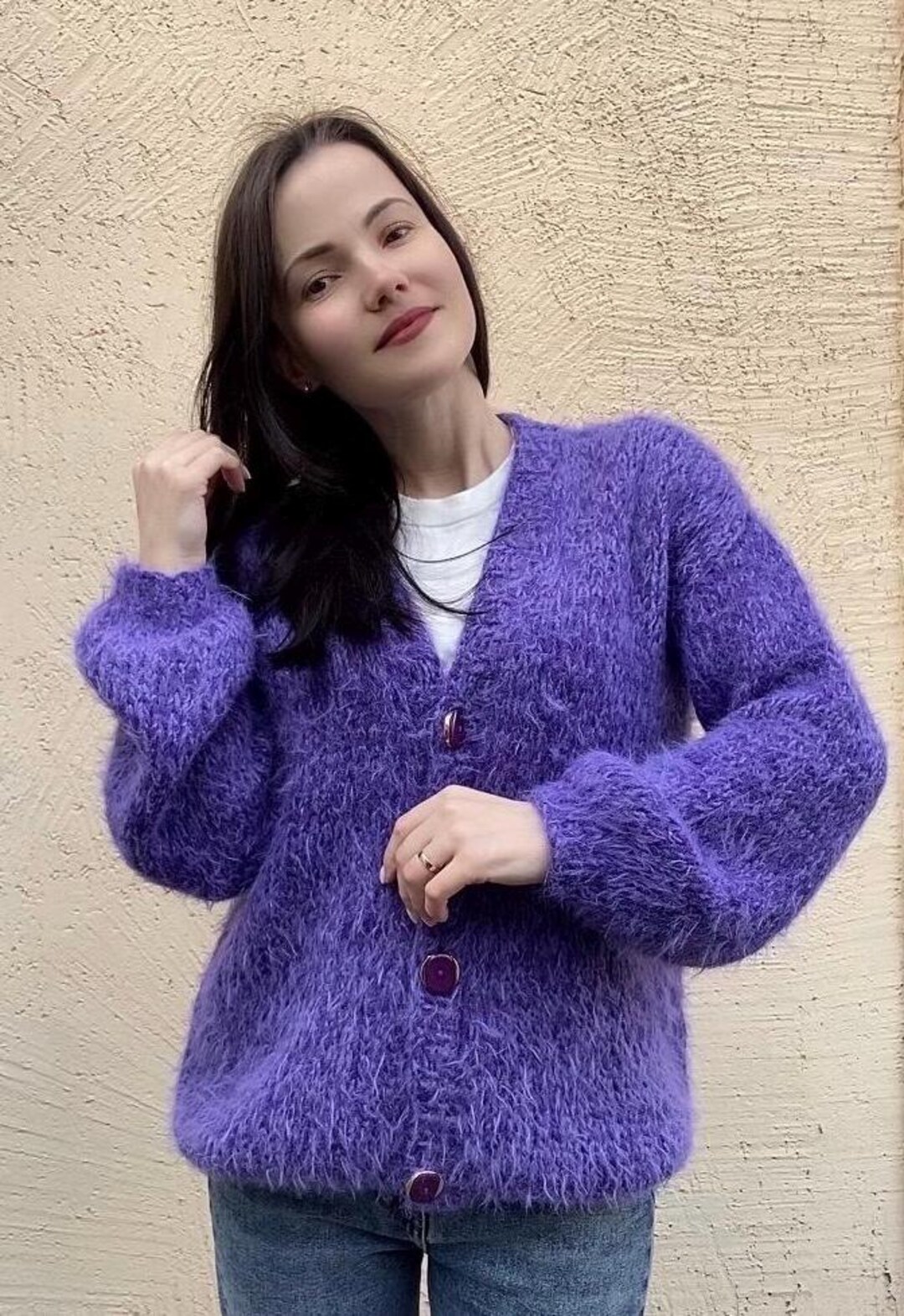 Handmade Purple Knit Cardigan, Merino Wool Fluffy Sweater - Etsy
