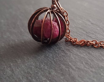 Rough Ruby Necklace / Natural Ruby Necklace / Crystal Necklace / Cage Pendant / Raw Gemstone Jewellery / July Birthday Gift / Birthstone