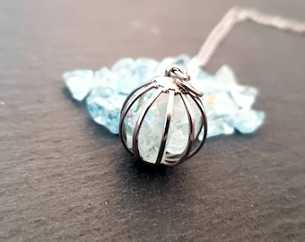 Natural Aquamarine Necklace / Rough Aquamarine Necklace / March Birthstone / Raw Gemstone / Crystal Necklace / Cage Pendant / Birthday Gift