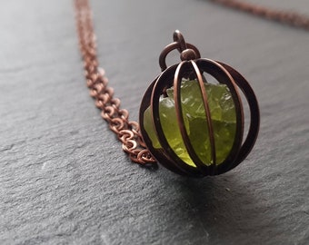 Rough Peridot Necklace / Natural Peridot Necklace / Crystal Necklace / Cage Pendant / Raw Gemstone Jewellery / August Birthday Gift