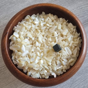 Könnte beinhalten: Eine Holzschale gefüllt mit kleinen, unregelmäßigen, cremefarbenen Muschelteilen. Ein einzelnes, kleines, dunkles, quadratisches Objekt liegt zwischen den Muscheln. Die Schale besteht aus dunklem Holz mit sichtbarer Maserung.