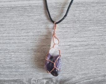 Natural Dragons Tooth Amethyst Crystal Necklace, Handmade Wire Wrapped Pendant on Adjustable Cord