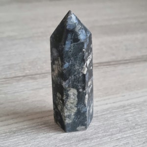 Könnte beinhalten: Eine schwarze und weiße Kristallspitze mit einer spitzen Spitze und einer sechseckigen Basis. Der Kristall hat ein einzigartiges Muster aus weißen und grauen Wirbeln.