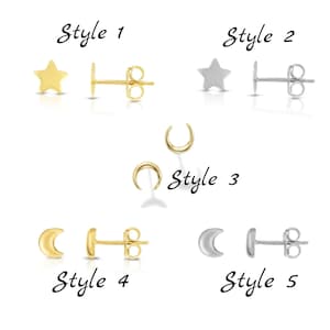 14K Solid Gold Crescent Moon Or Star Stud Earrings, Yellow Gold Celestial Moon Post Earrings, Tiny Moon Studs, Tiny Star Stud, Dainty Studs