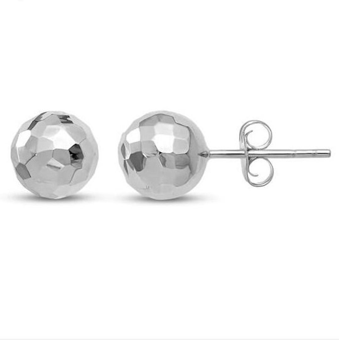 14K White Gold Diamond Cut Ball Stud Earrings, Sparkle Ball Studs
