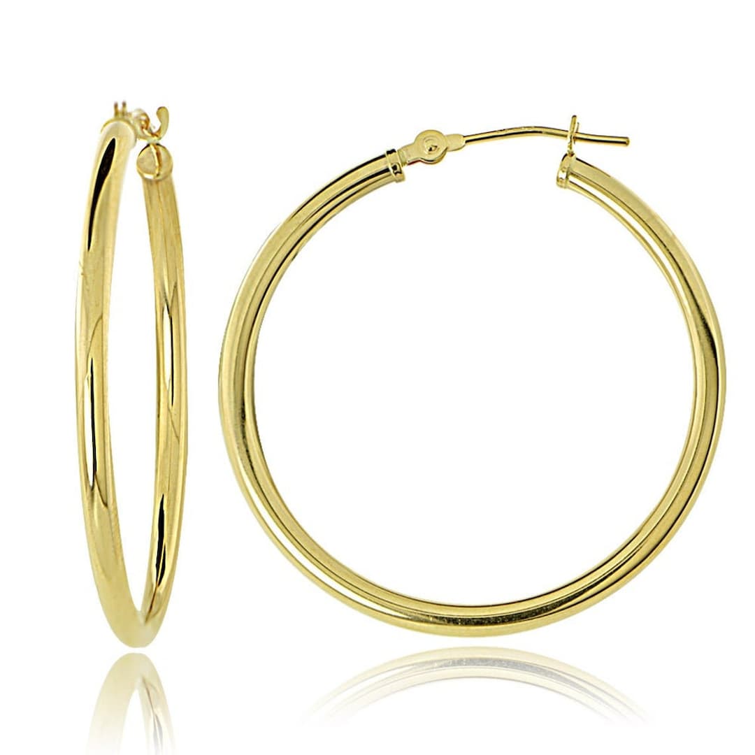 14K gold earrings - hoops, sliding mirror-polished flower, 12 mm
