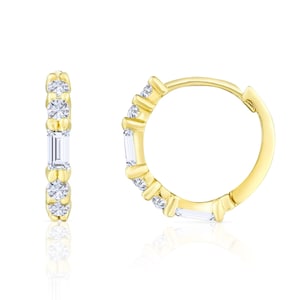 14K Solid Gold Diamond Huggies, Small Earrings, Solid Gold Mini Hoops, 14k Gold Diamond Huggies, Small Diamond Gold Huggie Earrings, Gift